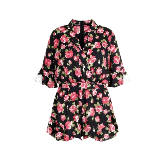BOOHOO Plus Size Rose Floral Ruffle Tie Playsuit/Romper Plus Size 22 - Picture 2 of 14